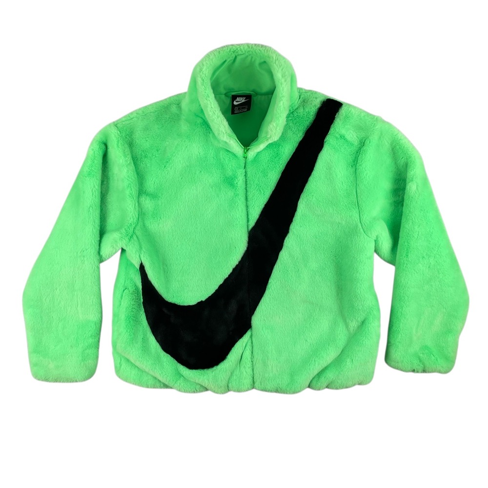 Nike Faux Fur Oversized Swoosh Jacket Womens S Green Black Full Zip Plush Fleece